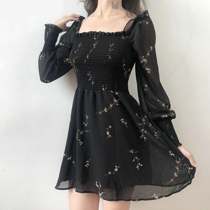 Black Floral Printed Long Puff-Sleeved Dress