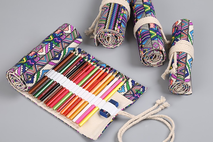 Canvas Roll Up Pencil Bag Pen Case Holder Storage Pouch