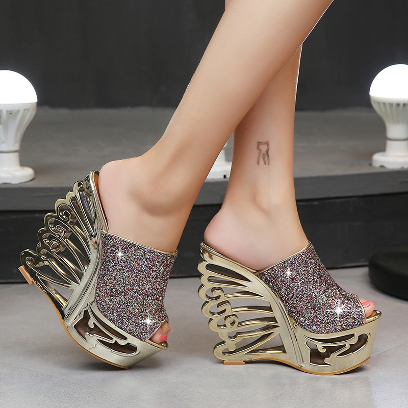Gold Silver Winged High Heel Platform Shoes