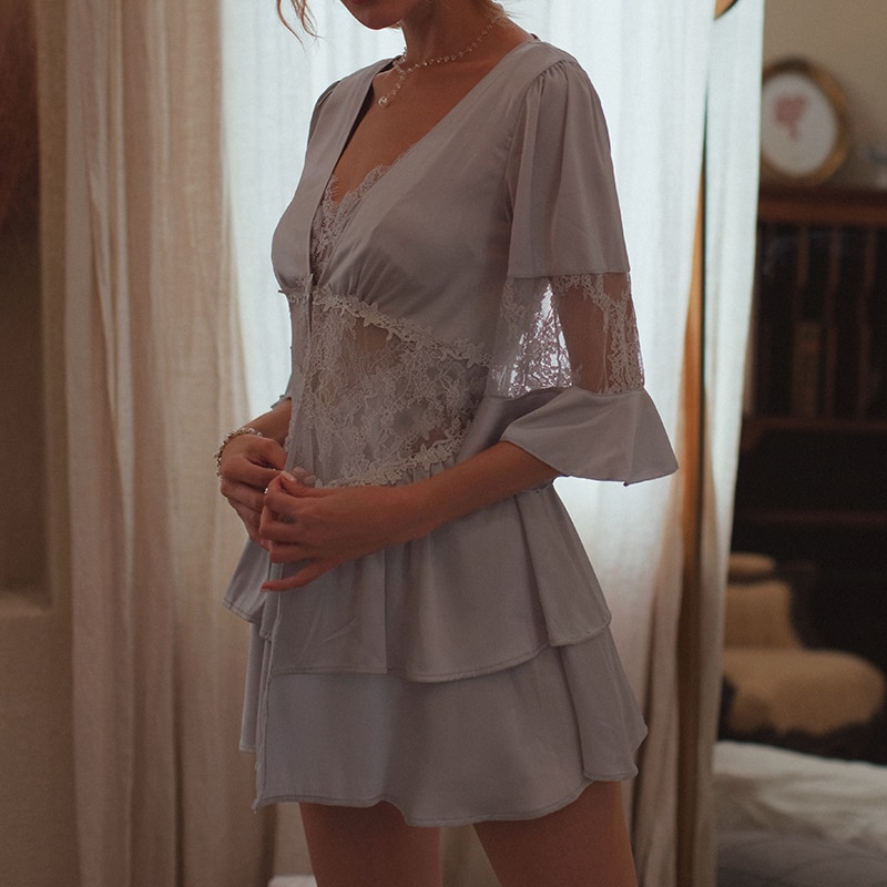 Silk Lace Backless Dress Nightgown Robe